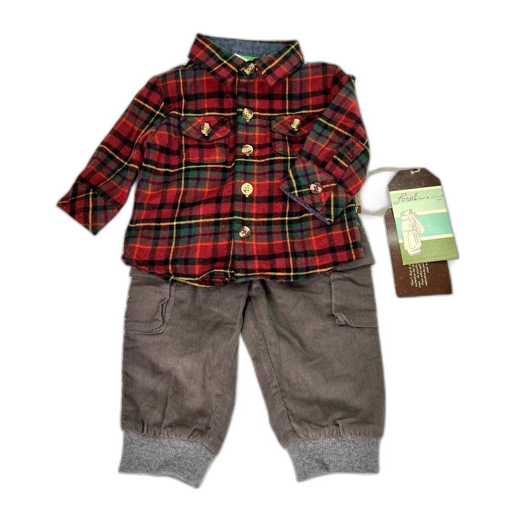 NEW Fore Axel & Hudson Log Cabin Flannel Shirt and Cargo Jogger Set 3/6M - Picture 1 of 9